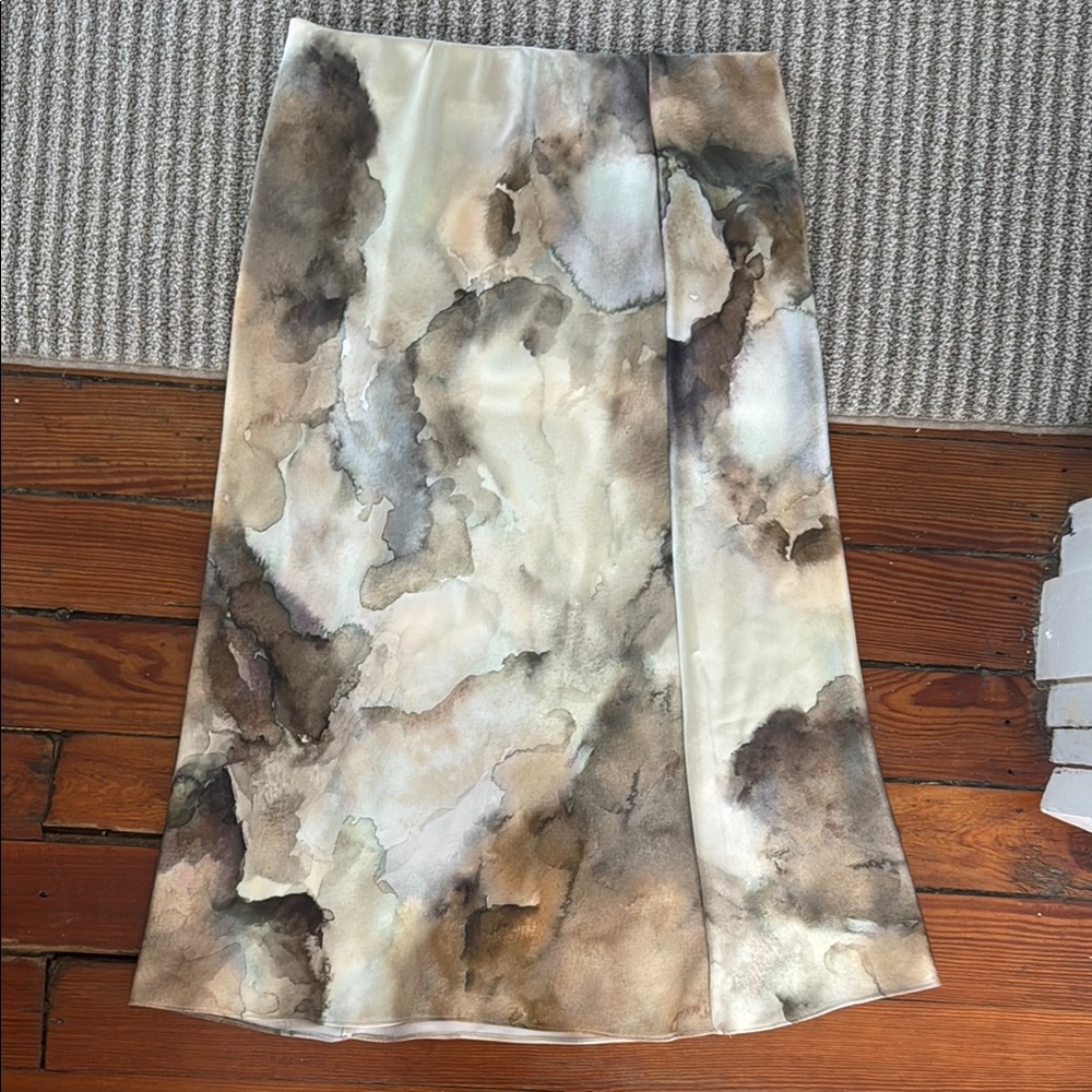 Zara Cream and Brown Watercolor Pencil Skirt